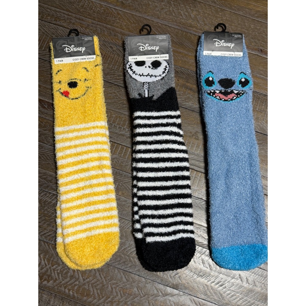Disney Cozy Crew Socks Unisex OS Multicolor NWT Pooh Jack Skellington Stitch 3Pk